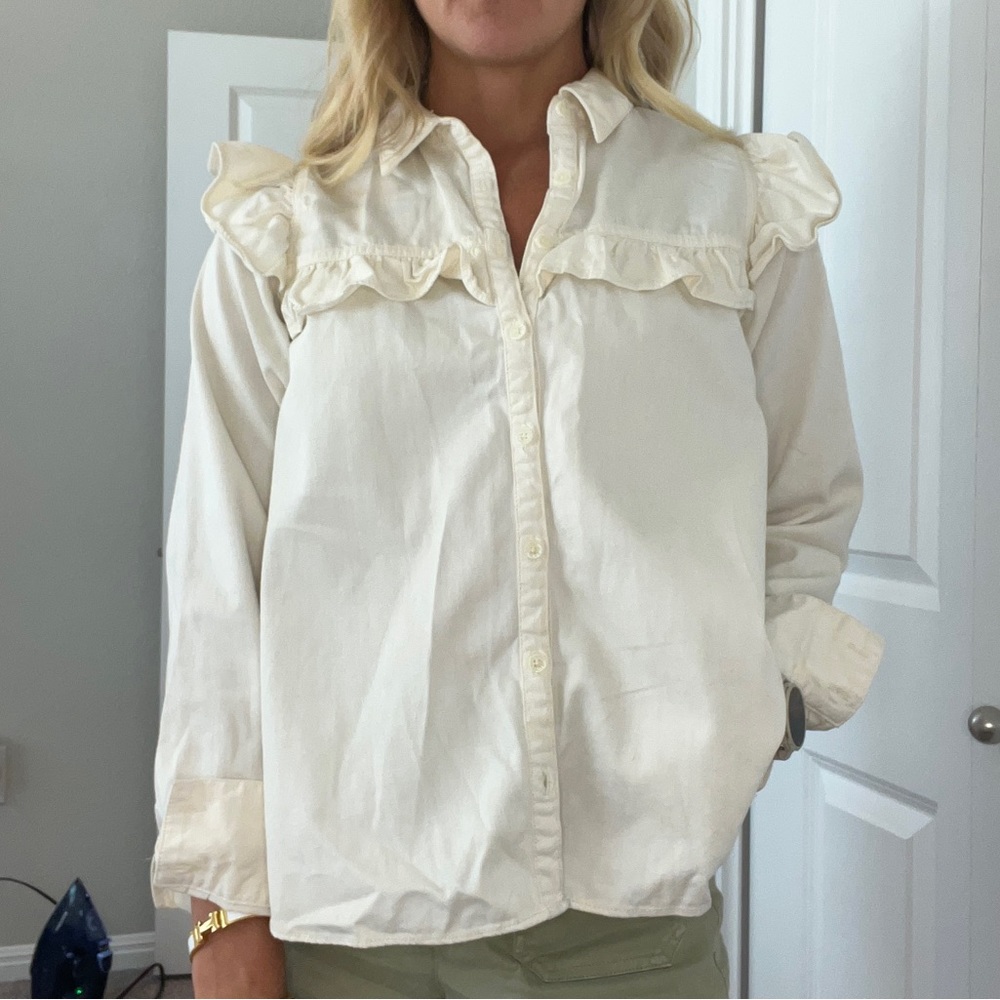 Free people cream ruffled button Down